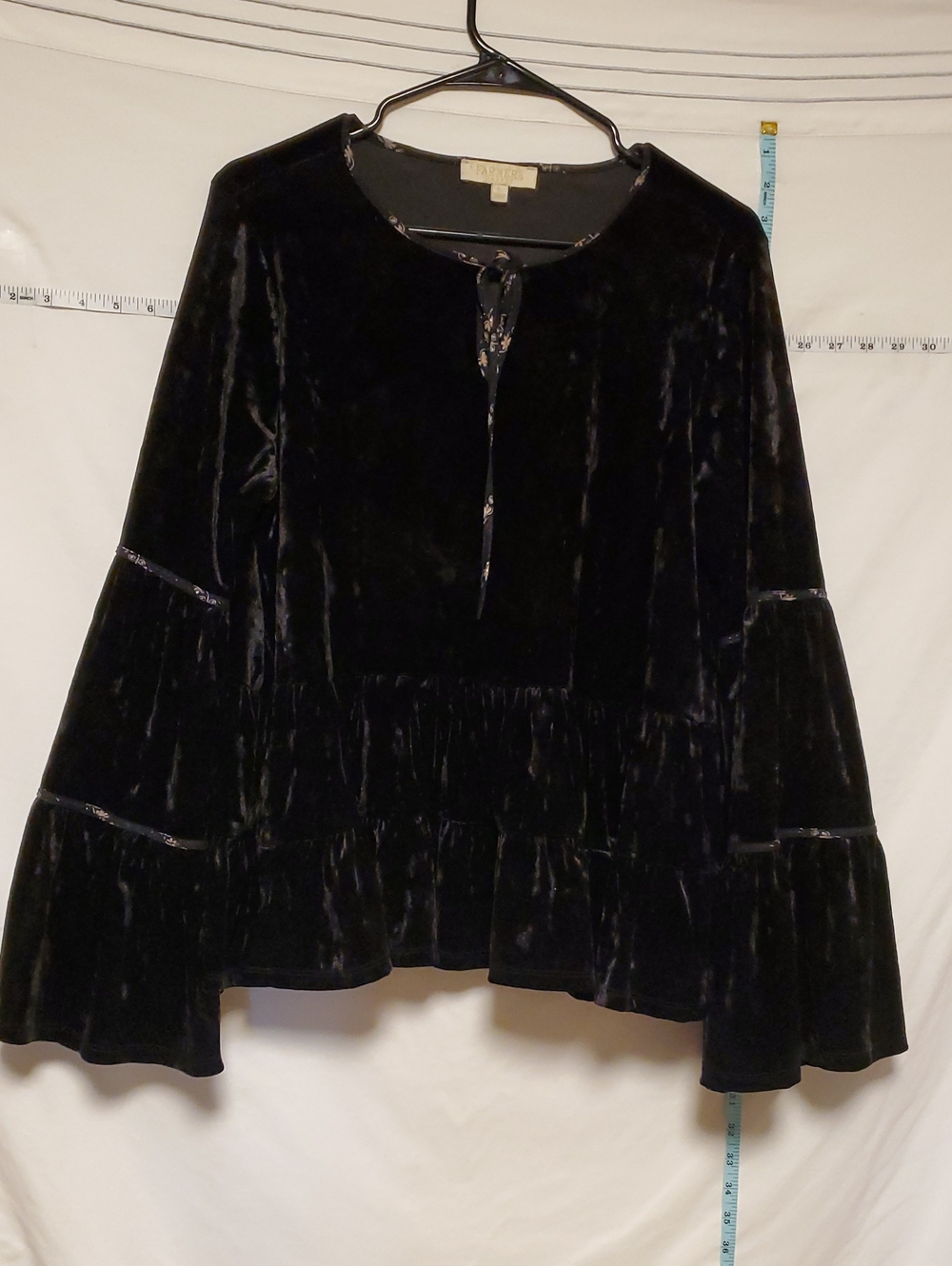Farmers Market Black Velvet Tie-Neck Top Bell Sleeves Peplum Lg Witchy Boho Emo